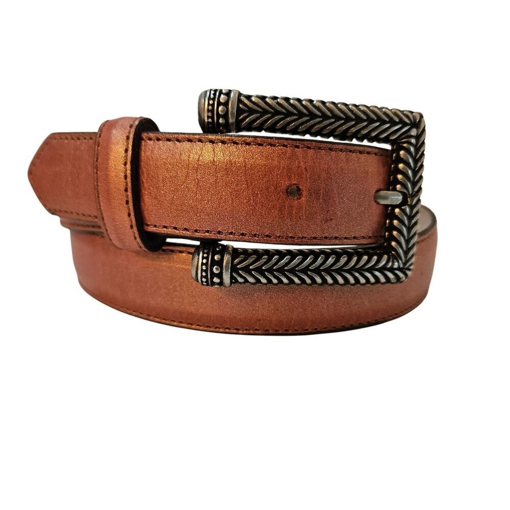Elite Accessories Genuine Leather Belt Medium Brown Ornate Buckle Silver